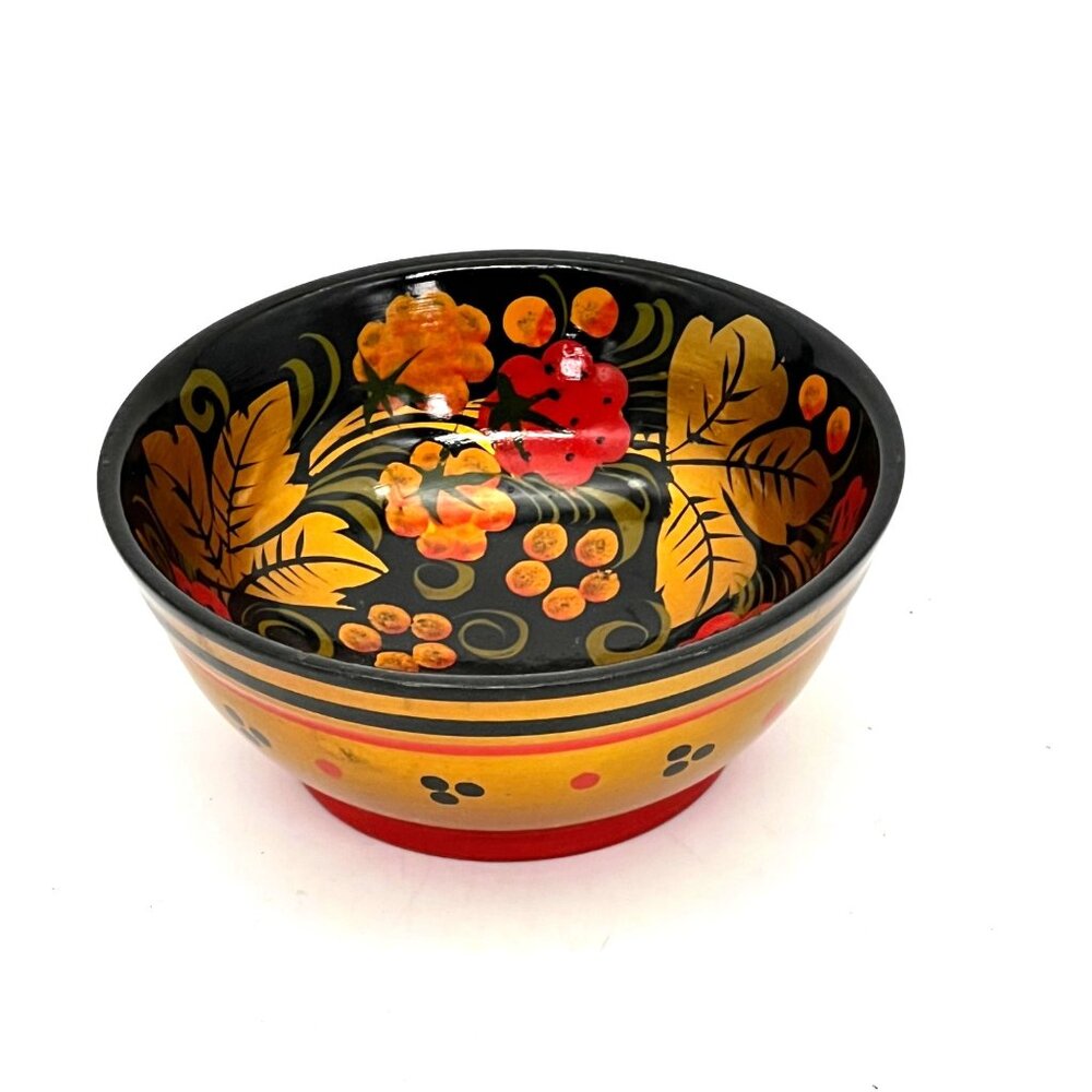 Vintage Russian Khokhloma Hand Turned & Painted Decorative Wooden Bowl Dish